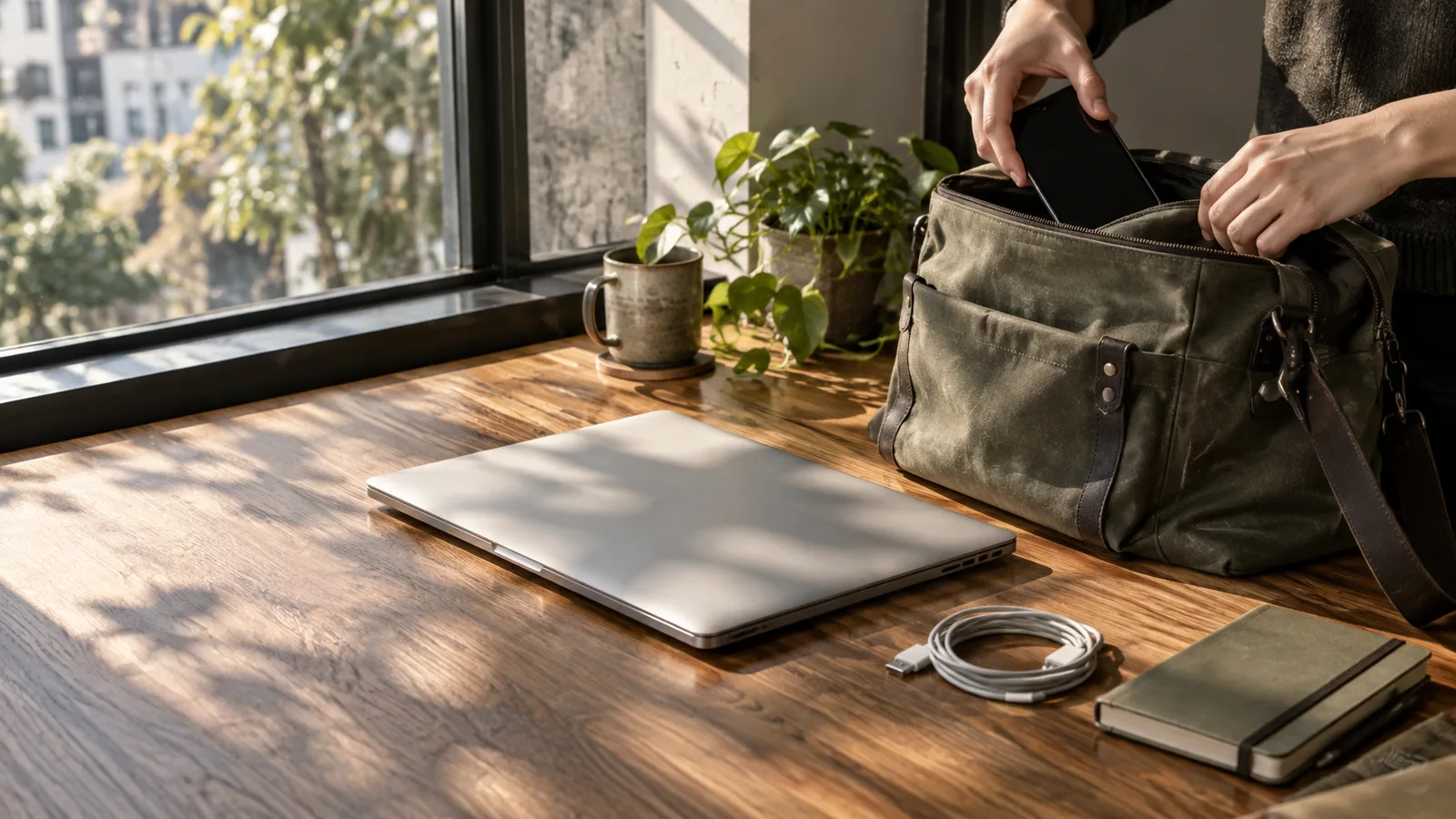 A laptop, charging cable and canvas bag on a wooden desk.